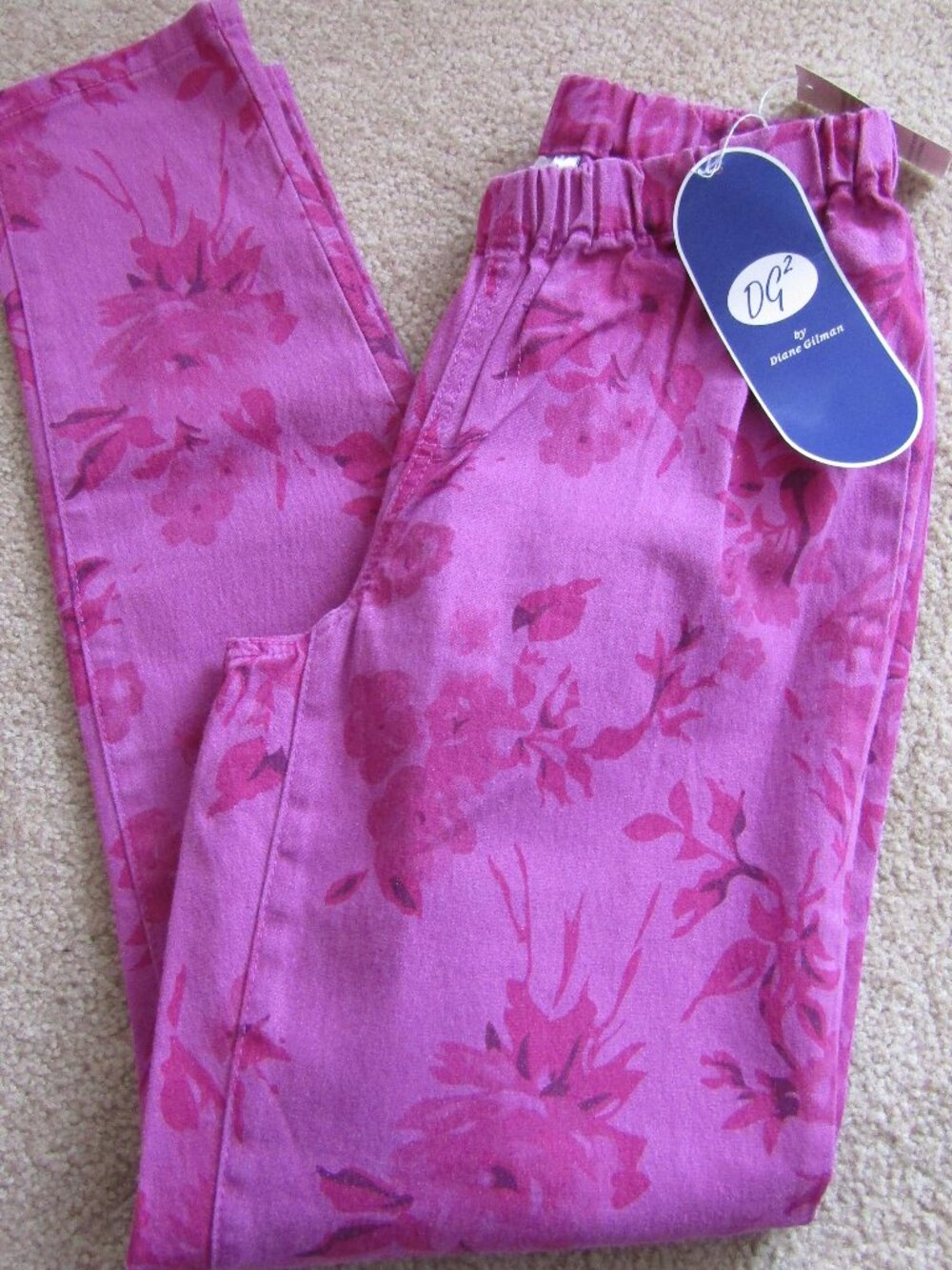 DG2 by Diane Gilman Deep Pink Floral Print Jean Pull On Pant Size M NWT